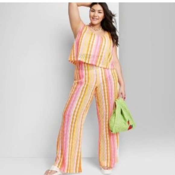 NWT Wild Fable Plus Size Crochet Knit Cover Up Pants Pink Tri Color Stripe 4X - Picture 2 of 6